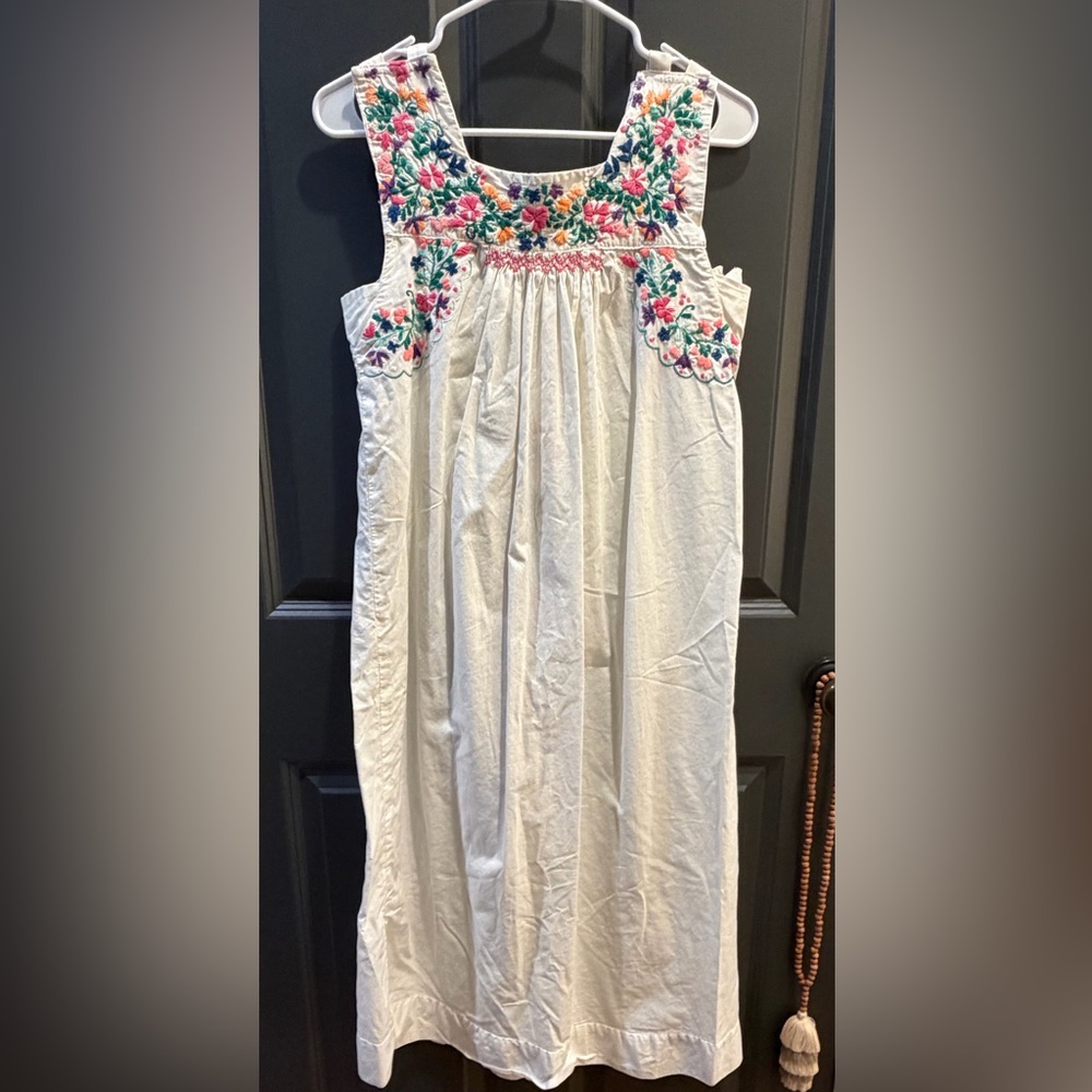 Vintage Mexican Embroidered Dress White Floral Cotton Midi